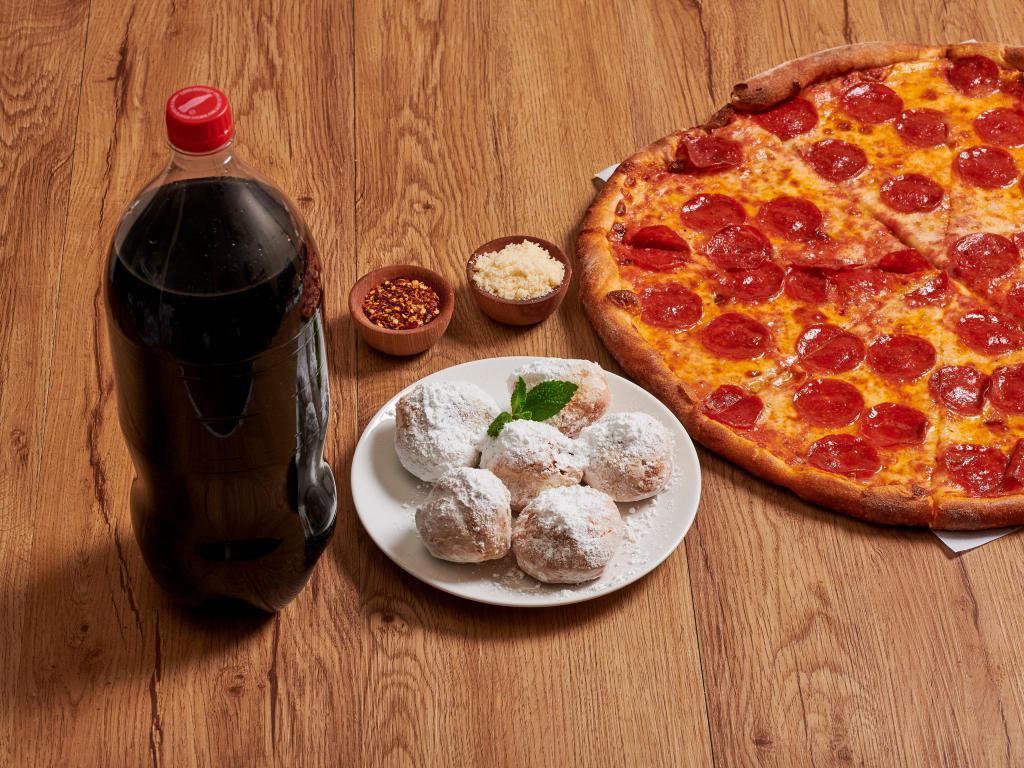 Pizza Package  · One large pizza with 1 topping, 2 liter soda, and one order of zepolis.