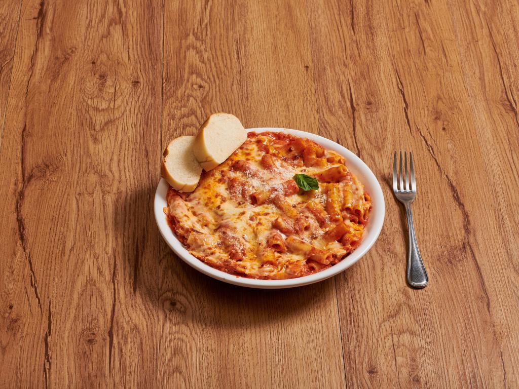 Baked Ziti · Ziti pasta baked with tomato sauce and ricotta topped with mozzarella.