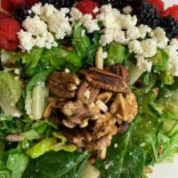 Nuts ＆ Fruits Salad · Pecan, Walnut, Romaine Lettuce, Toasted Almonds, Fresh Berries Mix , Spinach, Feta Cheese, H...
