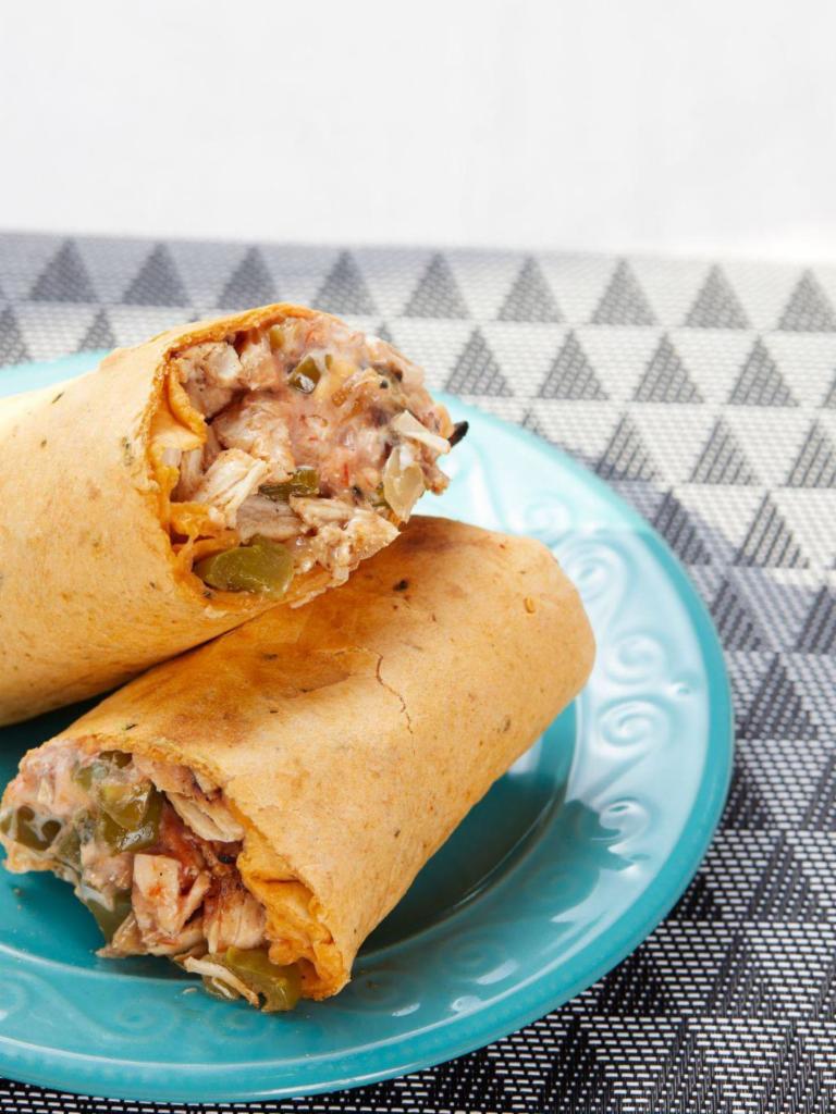 Tex Mex Fajita Wrap · Chicken or steak, sauteed green peppers and onions, reduced fat cheddar cheese, fat free sour cream and salsa in a jalapeno wrap.