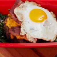 Keto Recovery Burger · Our delicious grass-fed beef burger, turkey bacon, cheddar cheese, and a fried egg on top of...