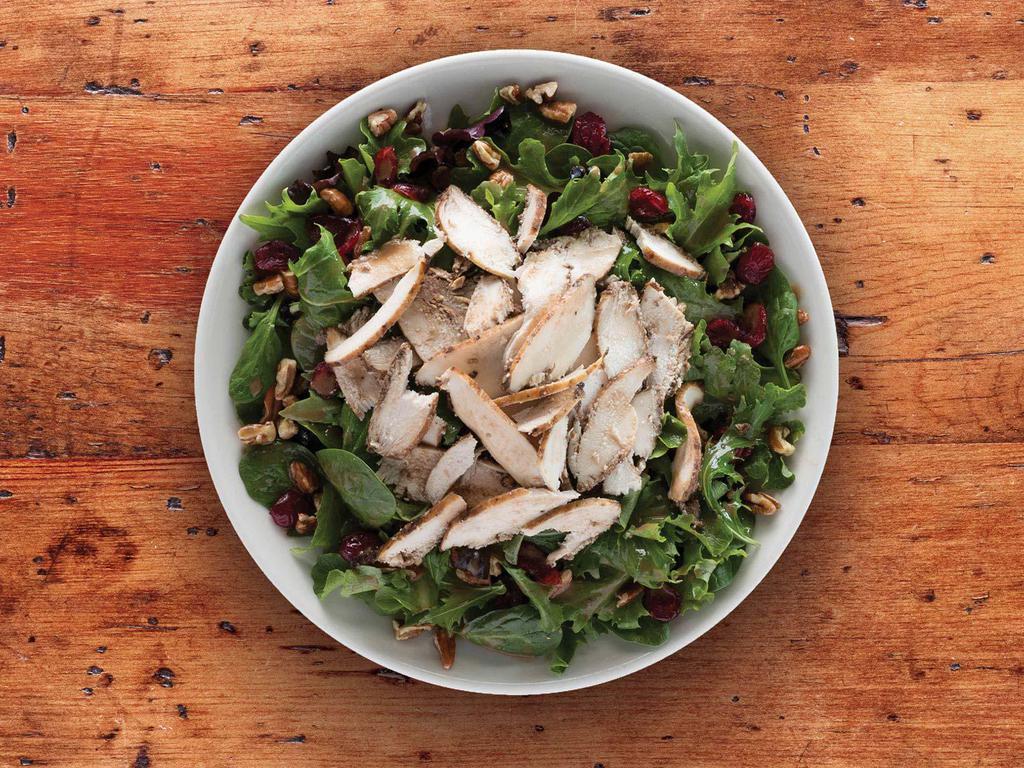 Cranberry & Pecan Wild Field w/ Chicken · Sweet dried cranberries, toasted pecans, field greens and our balsamic-marinated chicken tossed in balsamic vinaigrette.