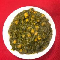 Chana Saag  · Chick peas with fresh spinach.