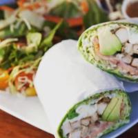 3. California Wrap · Grilled chicken, roasted peppers, avocado, lettuce, tomato and ranch dressing.