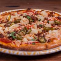 Picante Pineapple Pizza · Charred pineapple, jalapeños, and Italian sausage crumble.