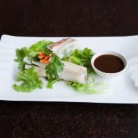 A2. Summer Rolls · Vietnamese style raw rolls with carrots, jicama, bean curd and basil leaves with moo-shu sau...