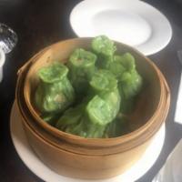 A5. Steamed Spinach Shumai · Open-wrapped and minced vegetable.