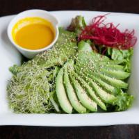 S9. Avocado Salad · Avocado, mixed greens, alfalfa sprouts and beets with carrot ginger dressing.