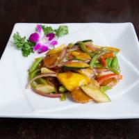 M9. Mango Soy Protein · Mango, zucchini, asparagus, sugar-snap peas, peppers and onions sauteed with plum sauce. Wit...