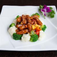 M11. Sweet and Sour Sesame Soy Protein · With broccoli, cauliflower, pineapple and peppers. With brown rice and choice of miso soup o...