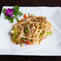 N8. Kimchee Udon  · House style Japanese thick udon whole wheat noodles with soy protein, mushrooms, onion, bean...