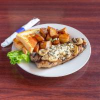 Midway Steak · Steak charbroiled and seasoned to perfection with sauteed mushrooms and melted blue cheese c...