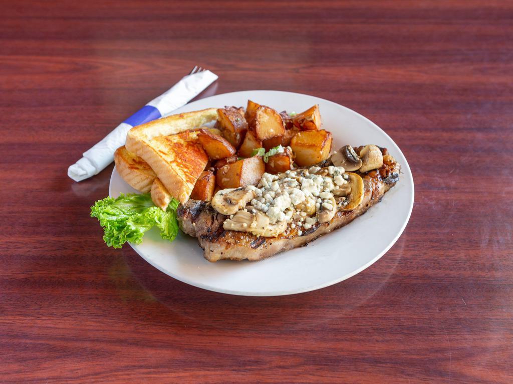 Midway Steak · Steak charbroiled and seasoned to perfection with sauteed mushrooms and melted blue cheese crumbles.