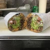 Bistec Burrito · Steak. Flour tortilla rolled up with refried beans, mozzarella cheese, yellow rice, lettuce,...