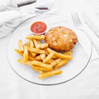 Crab Cake and Fries · Sweet and mild tasting seafood.