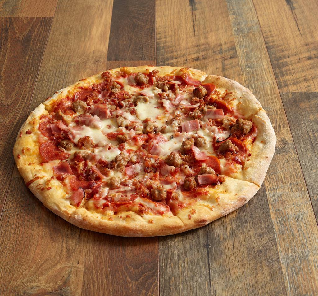 Meat Lovers Pizza · Pepperoni, sausage, ham, bacon and mozzarella cheese.