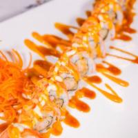 Shaggy Dog Roll · Shrimp tempura, seaweed, topped with crab stick, mayo, spicy mayo, and eel sauce.