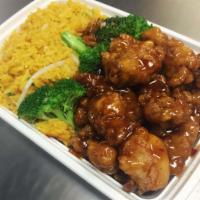 C17. General Tso's Chicken Plate Combo · With pork fried rice and egg roll. Hot and spicy.