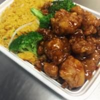 108. General Tso's Chicken · With white rice. Hot and spicy.