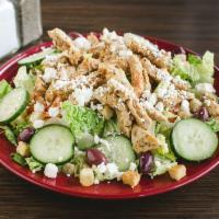 8. Mediterranean Grilled Chicken Salad · Romaine lettuce, feta, kalamata olives, cucumber, tomato with oil and vinegar.