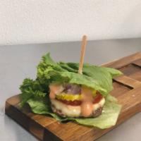 Protein Burger  · Lettuce wrap, cheese, tomato, onion, pickle, mushroom, bitez sauce. 