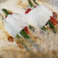 Chicken Adriano Dinner · Asparagus, roasted peppers, prosciutto, mozzarella in sherry wine cream sauce.