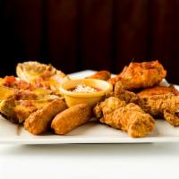 Sampler Platter · 3 chicken wings, 2 chicken tenders, 3 mozzarella sticks and 2 potato skins.