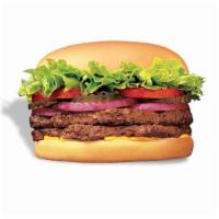 BeltBuster® · Two 1/4 lb. grilled beef patties topped with crisp lettuce, ripe tomatoes, purple onions, ta...