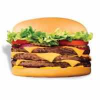 Triple BeltBuster® Burger · Three 100% beef patty topped with triple cheese, mustard, lettuce, tomatoes, pickles, and re...
