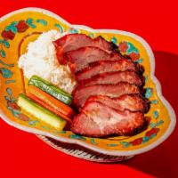 Char Siu Pork · DeHoney-glazed BBQ roasted pork, served with rice and pickles. Includes an apple-hoisin dipp...