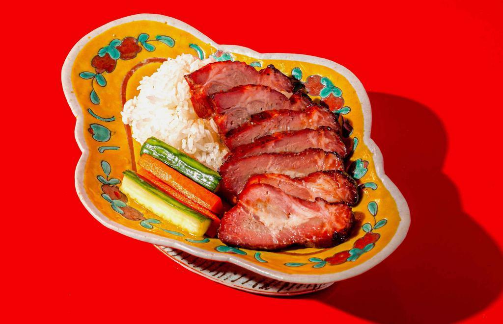 Char Siu Pork · DeHoney-glazed BBQ roasted pork, served with rice and pickles. Includes an apple-hoisin dipping sauce.