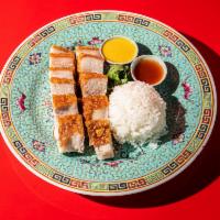 Crispy Pork Belly · Roasted skin-on pork belly, served with rice and pickles. Includes hot Chinese mustard, and ...