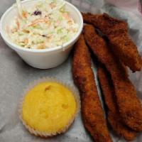  ROOSTER DIGITS DINNER  · 4 large hand breaded chicken fingers served with 1 small feed pan & cornbread 