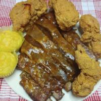 LARGE COOP COMBO (Feeds 2-3) · 4 pieces of chicken and a half rack of ribs served with 2 large feed pans & 2 cornbread muff...