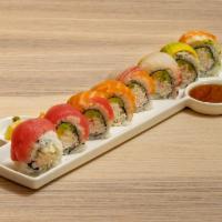 Rainbow Special Roll · California roll topped with salmon, tuna, snapper, avocado, and shrimp.