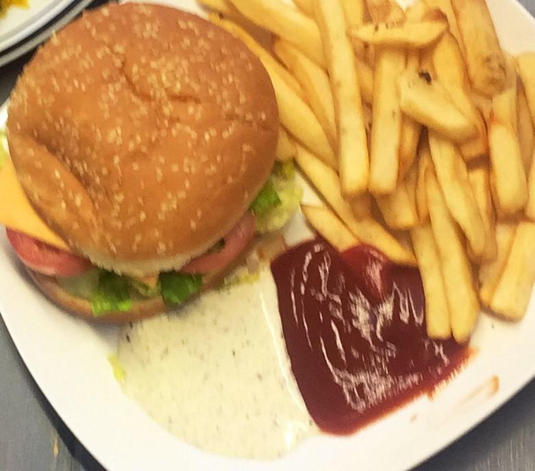 Beef Burger with Fries · Grilled fresh beef patty, with lettuce, tomato, onion, cheese, ketchup, and mayo.