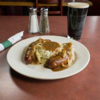 Bangers and Mash · Mash a 1/2 of lb. of seasoned sausage served over piping hot mashed potatoes, and grilled on...
