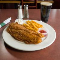 Fish and Chips · 9 oz. fish grilled or deep-fried golden brown. Served with fries and tartar sauce.