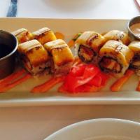 Mamasushi Roll · Chicken tempura, bacon and cream cheese topped with sweet plantain.
