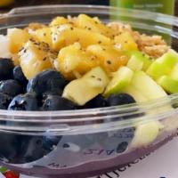 Coconut Chia Acai Bowl · Base: blended acai recipe: toppings sliced apple, blueberries, chia, pineapple, coconut and ...
