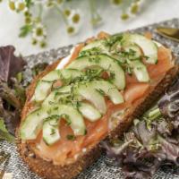 Salmon Toast · Farmed smoked salmon, cucumber, basil leaves, and mayonnaise or cream cheese
