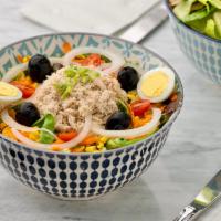 Nicoise Salad · Spring mix, tuna, tomato, corn, carrot, onion, black olive, hard-boiled egg
