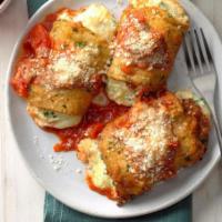 Eggplant Rollatini with Cheese Dinner · Stuffed with ricotta. Served with Italian bread and your choice of spaghetti or ziti.