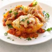 Baked Stuffed Shells with Cheese · 4 pieces served with Italian bread.