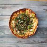 Mochi Mentai Mayo Pizza · spicy pollack row, shaved mochi, mozzarella cheese, roasted seaweed, scallions, flour tortil...