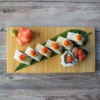Tuna Mentai Roll · 6 Pieces, tuna, spicy pollack roe, avocado, roasted seaweed, shiso, sesame