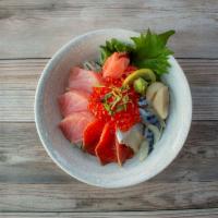 Hokkaido Chirashi Bowl · sustainable coho salmon, Ikura, Tuna, Hokkaido Scallop, and Saba[Mackerel] over sushi rice, ...