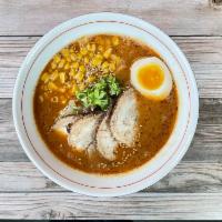 Spicy Miso Chashu men · 2x proteins, chicken broth, our original miso blend with chili oil, half egg, bean sprout, b...