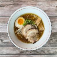 Shoyu Ramen · shoyu base chicken stock, half egg, bean sprout, bamboo shoots, scallions