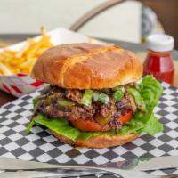 Tri-Tip Burger · 1/3 lb seasoned fresh beef patty topped with tri-tip, grilled bell peppers & onion, provolon...